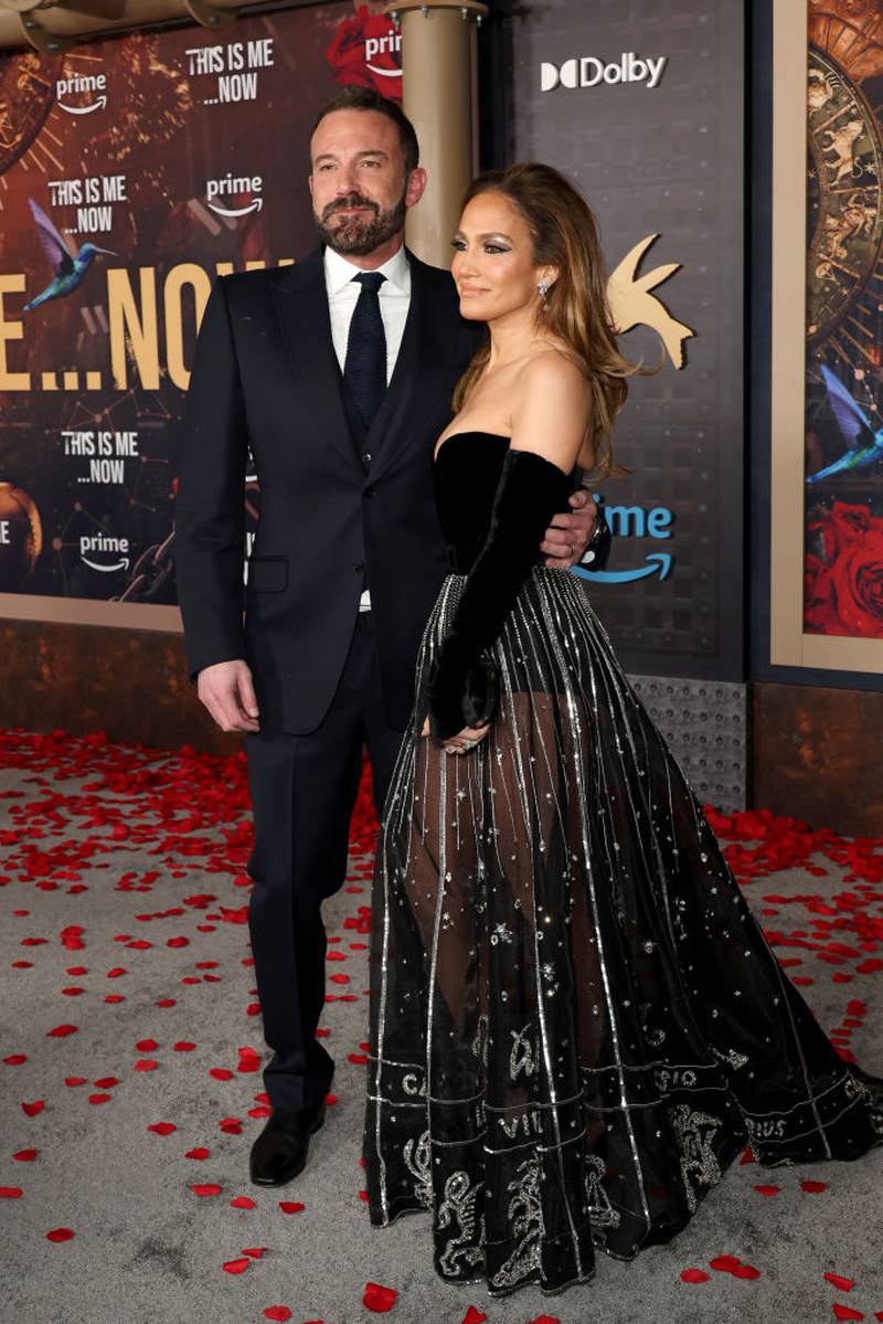 2024: HOLLYWOOD, CALIFORNIA - FEBRUARY 13: (L-R) Ben Affleck and Jennifer Lopez attend the Los Angeles premiere of Amazon MGM Studios "This Is Me...Now: A Love Story" at Dolby Theatre on February 13, 2024 in Hollywood, California. (Photo by Monica Schipper/Getty Images)